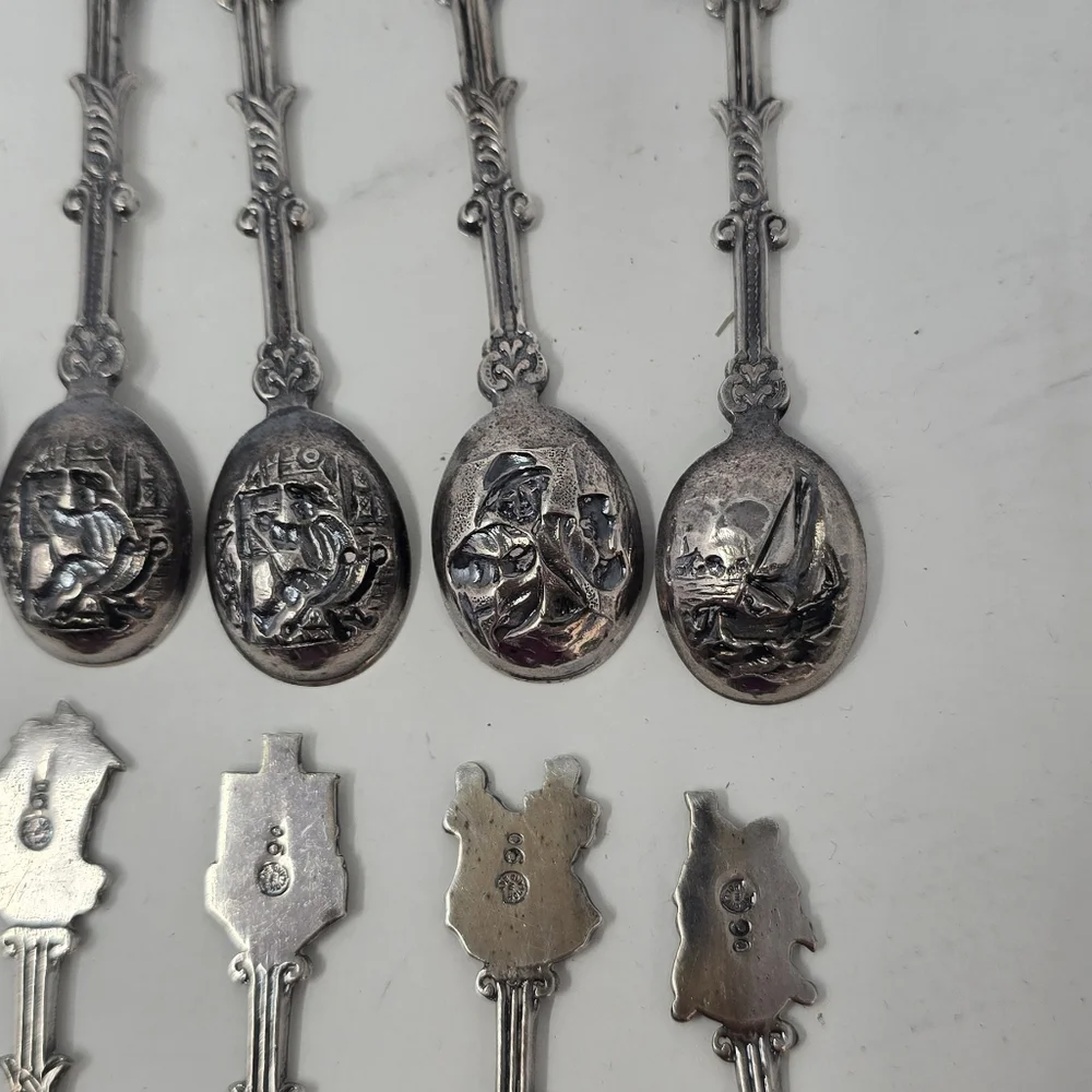 Vtg Holland Dutch demitasse mini spoons stamped novelty ornate figural set of 12